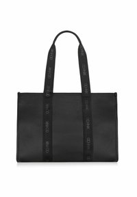 Czarna skórzana torba tote z dwoma długimi materiałowymi uchwytami, ozdobiona powtarzającym się nadrukiem logo "OCHNIK".