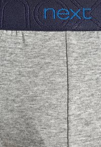 Graue Stoff-Boxershorts mit einem marineblauen Bund, versehen mit gesticktem "next"-Logo in Blau. Glatte Textur und figurbetontes Design.