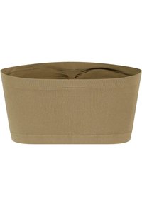 Hnedý bezšvový bandeau top s ryhovanou textúrou, ktorý má široký strih a bez viditeľného kovania. Mäkká a elastická látka.