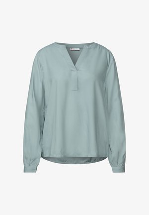 Vaaleansinine paita, pitkät hihat, V-pääntie, pehmeä rakenne, rento malli, poimutetut hihat, sileä kangas, minimalistinen muotoilu, ei kuvioita.