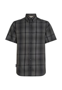 Chemise à manches courtes à carreaux gris foncé, présentant un devant à boutons, une texture douce et une poche poitrine unique.