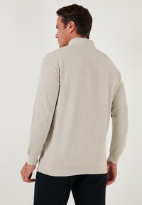 Kerge beež ribaga kootud pullover kõrge kaelusega, pikkade varrukatega ja vabalt istuva lõikega, millel on ühtlane värv ja pehme tekstuur.