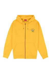 Haut à capuche zippé jaune en tissu doux, avec un design de logo à l'avant et deux poches latérales. Capuche avec cordon ajustable et poignets côtelés.