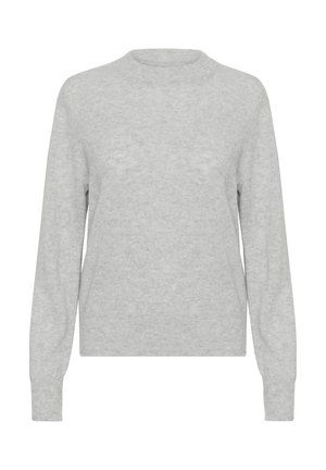 Svetlý sivý sveter vyrobený z jemnej látky, s okrúhlym výstrihom, dlhými rukávmi a rebrovanými manžetami a lemom. Minimalistický dizajn.