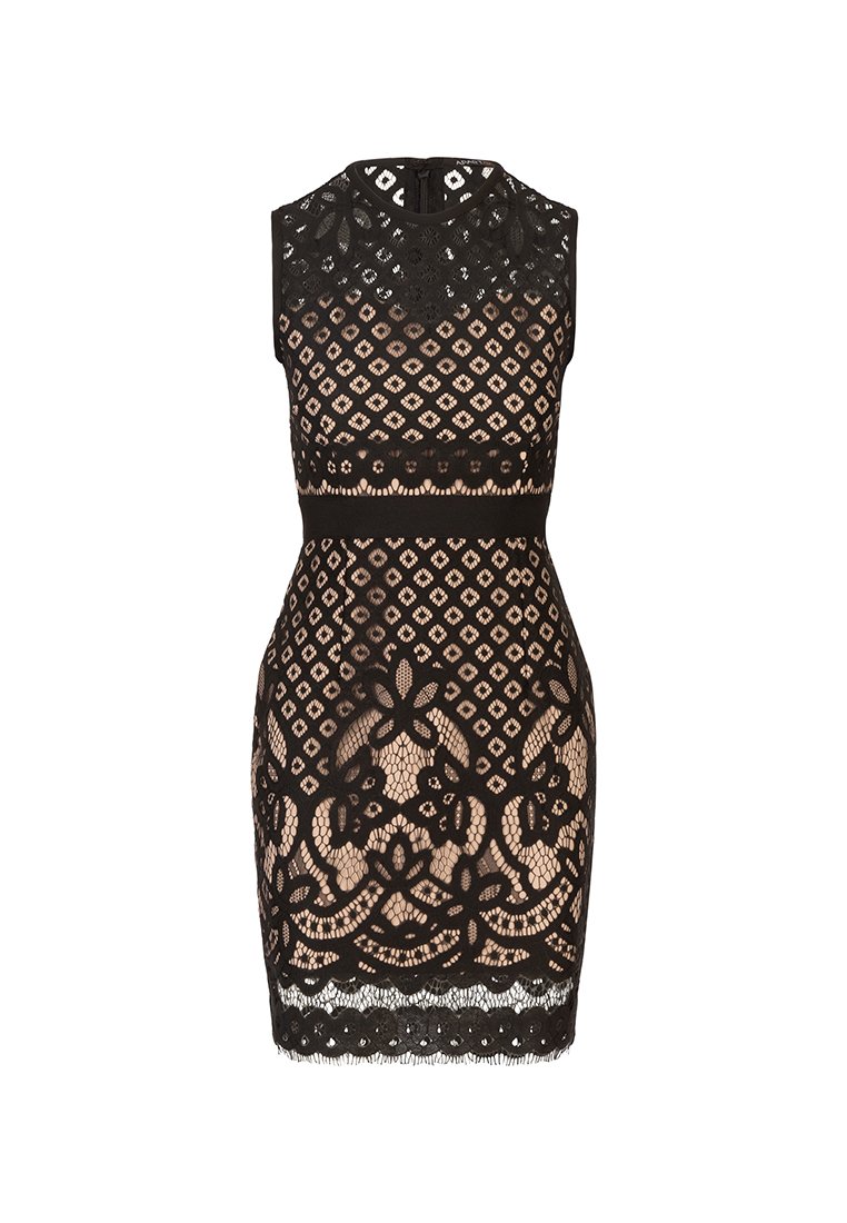 Ärmelloses schwarzes Spitzenkleid mit nudefarbenem Futter, hohem Kragen, tailliertem Schnitt, geometrischen und floralen Mustern, knielangem Saum mit gewellten Kanten.