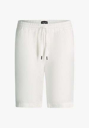 Witte short met een elastische tailleband en trekkoord, voorzien van een zwarte Strellson-label in het midden van de tailleband, knielengte model.