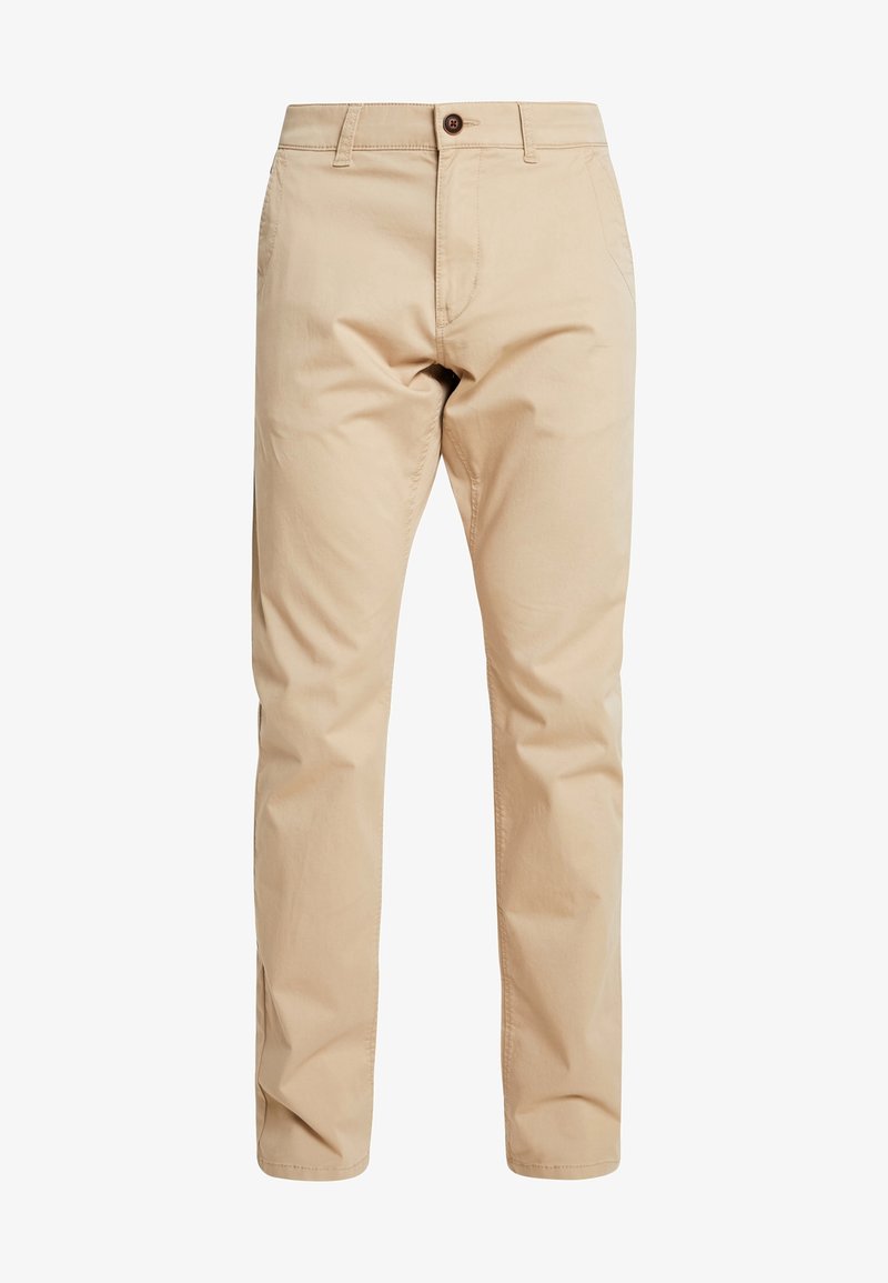 Pantalon chino beige à coupe droite avec fermeture avant par bouton et glissière, passants pour ceinture, et poches latérales.