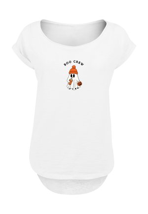 White rolled sleeve top with cartoon ghost wearing orange beanie, holding drink and pumpkin bucket, text "Boo Crew" above graphic.