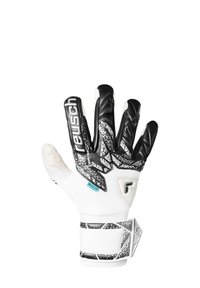 Doelmanhandschoen met zwarte latex vingers, een witte textuurlichaam, mesh accenten en een klittenbandsluiting met een geometrisch patroon.