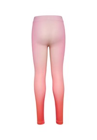 Roze gradient legging met een zachte, gladde textuur; de kleur verloopt van lichtroze bij de taille naar diep roze bij de enkels.