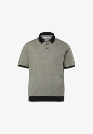 Grå polo-shirt med sort krave og manchetter, der har en lille brystlomme og to sorte knapper på placket. Glat tekstur.