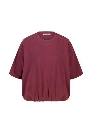 T-shirt court bordeaux à manches courtes avec encolure ronde et ourlet élastiqué, présenté sur un fond blanc.