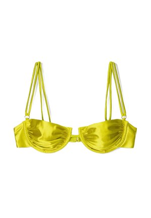 Haut de bikini en satin jaune avec deux fines bretelles ajustables, un design avec armature structurée et des détails froncés le long des bonnets.