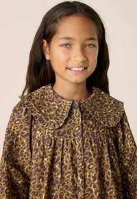 Leopard print dress in a brown and yellow color scheme, features a ruffled collar, button-down front, and gathered waist for a relaxed fit.