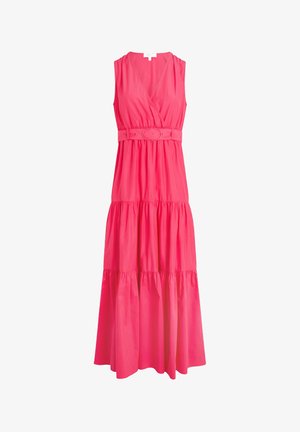 Rosa Maxikleid aus leichtem Stoff, mit Wickeldesign, ärmellosem Stil, tailliertem Gürtel und gestuftem Rock. Glatte Textur, einfarbig.