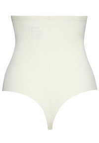 Beige high-waisted shapewear gemaakt van gladde, rekbare stof. Heeft een naadloos ontwerp met een string achterkant en een nette afwerking.