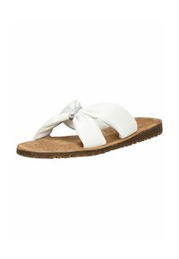 Sandales blanches avec un design noué, semelle en liège et semelle brune texturée. Comprend un accent argenté au centre des sangles.