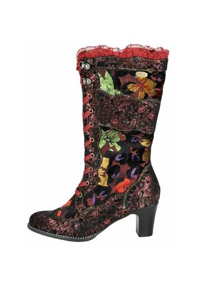 Black floral boots with a patterned textile upper, red lace embellishments, and a mid-heel. Features eyelets and contrasting shades of color.