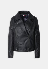 Schwarze Motorradjacke aus Leder mit Reißverschluss vorne, zwei Brusttaschen, Druckknopfbeschlägen und kariertem Futter.