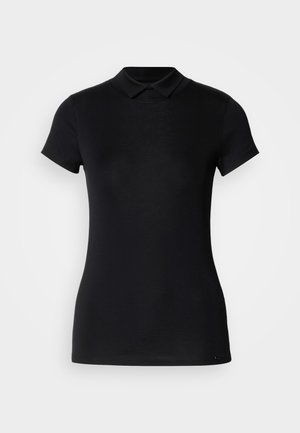 Black polo shirt made of cotton blend fabric. Features short sleeves, a classic collar, and a slim fit design. Smooth texture with minimal detailing.