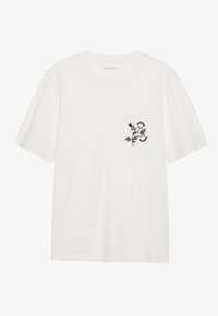 White short-sleeve t-shirt made of soft fabric, featuring a left chest pocket with black floral print design. Simple, classic shape.