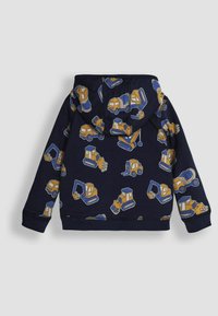 Felpa blu navy con un motivo ripetuto di veicoli da costruzione gialli e blu. Tessuto morbido con cappuccio e polsini a coste.
