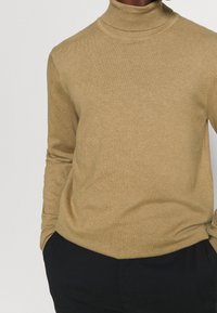 Beige Rollkragenpullover aus Strickstoff. Hat ein figurbetontes Design mit langen Ärmeln und einer glatten Textur. Kombiniert mit dunkler Hose.