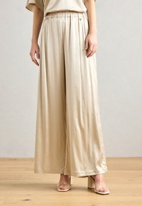 Beige wide-leg trousers made from a smooth, shiny fabric. Features an elastic waistband with a decorative button and a flowing silhouette.