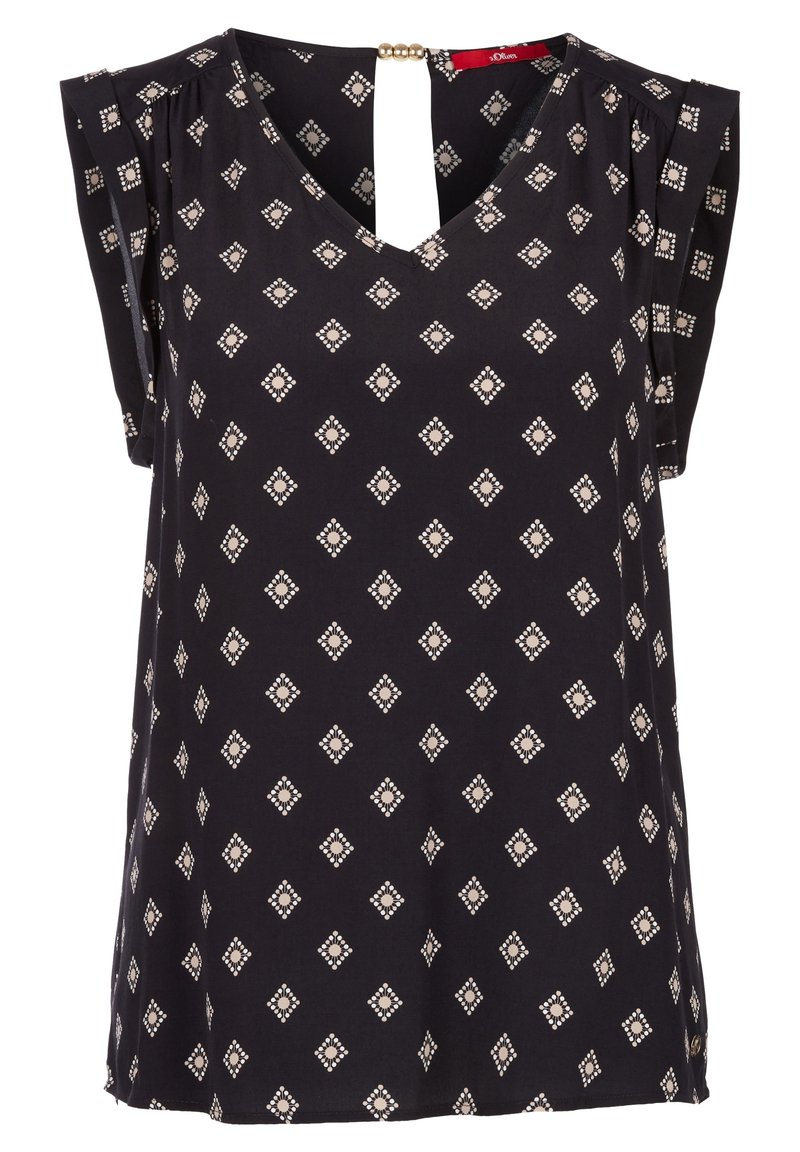 Svart kortärmad blus med V-ringning, som har ett beige geometriskt mönster och en rund guldig detalj vid bakre halsringningen.