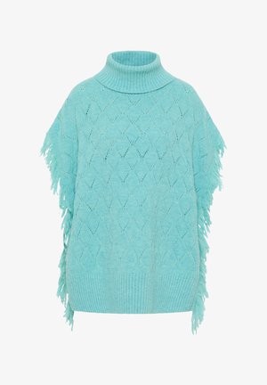 Téglával kötött poncsó magas gallérral, gyémántmintával és fröccsöntött részletekkel az oldalán. Puha textúra bordás aljjal.