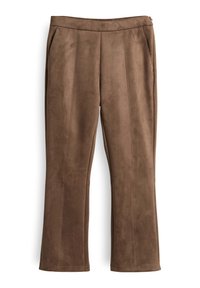 Pantaloni a gamba larga in marrone, con un aspetto scamosciato e una texture liscia, dotati di due tasche laterali e cuciture decorative sul davanti.