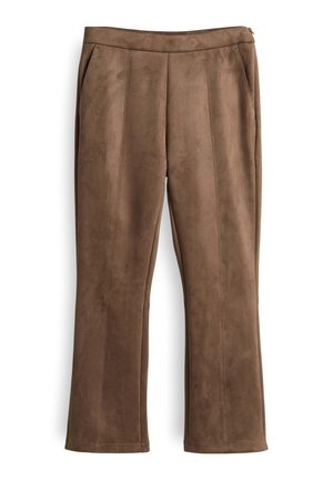 Pantaloni a gamba larga in marrone, con un aspetto scamosciato e una texture liscia, dotati di due tasche laterali e cuciture decorative sul davanti.