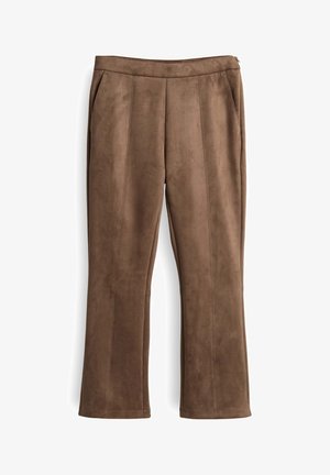 Brown, suede-like wide-leg trousers with a smooth texture, featuring two side pockets and stitched detailing along the front.