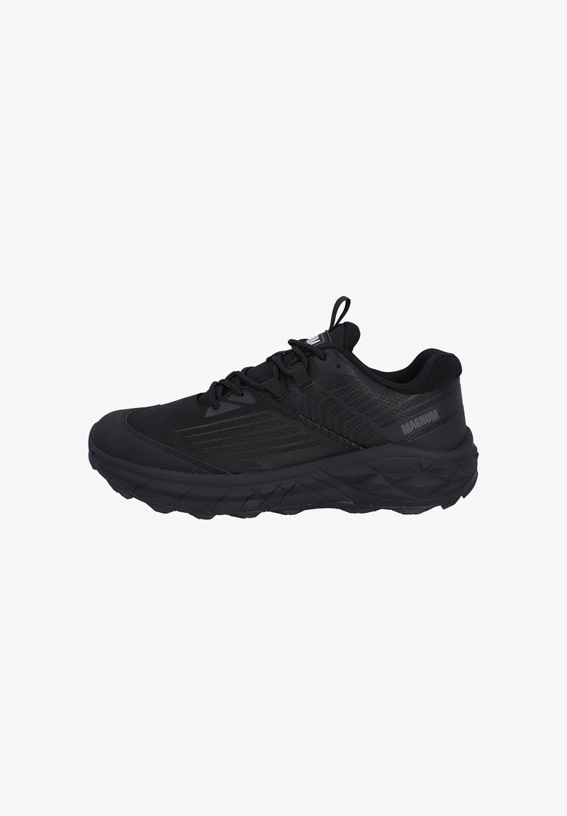 Black athletic shoe featuring a textured upper, thick cushioned sole, and reinforced toe with a pull tab at the heel for easy wear.