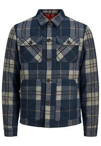 Kostkovaná bunda v námořnické modré a béžové vlněné směsi; má dvě náprsní kapsy a zapínání na knoflíky; texturovaná tkanina s jemnými vzory.