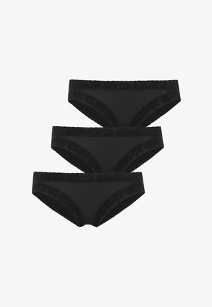 Sæt med tre sorte bomuldsboksere, der har en glat overflade med blonder ved talje og benåbninger, hvilket giver en blød tekstur og klassisk design.