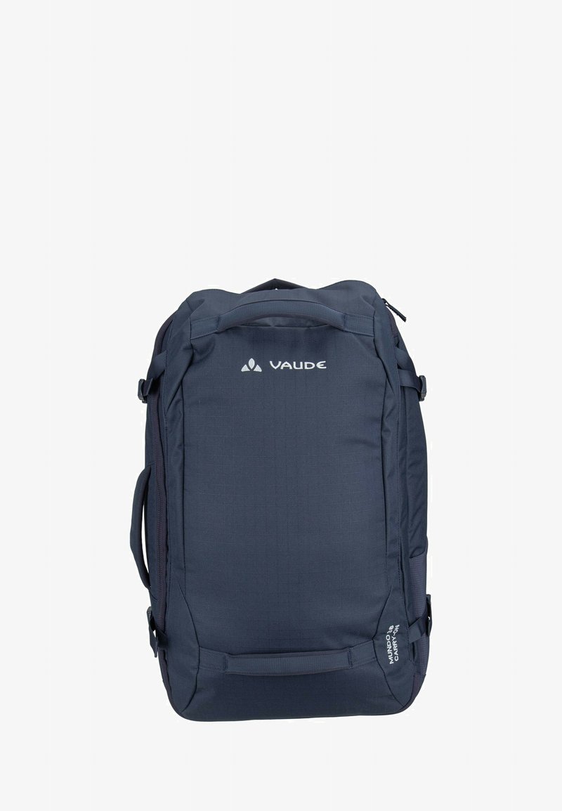 Sac à dos cabine Vaude bleu foncé avec poignées supérieures et latérales, compartiments zippés et bretelles réglables.