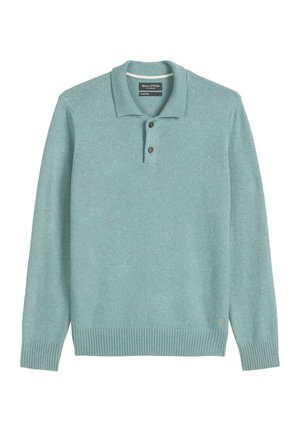 Hell-türkiser Pullover-Pullover, gestrickte Textur, gerippte Bündchen und Saum, Dreiknopf-Leiste, mit Markenetikett am Kragen versehen.