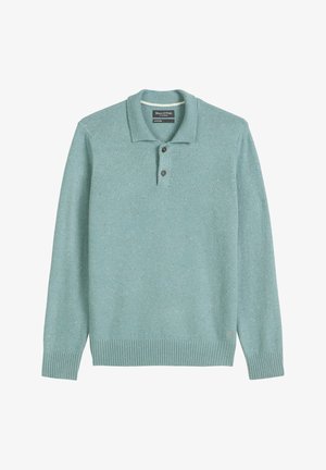 Hell-türkiser Pullover-Pullover, gestrickte Textur, gerippte Bündchen und Saum, Dreiknopf-Leiste, mit Markenetikett am Kragen versehen.