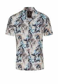 Kurzärmliges Button-Up-Hemd in hellem Creme mit einem tropischen Blumenmuster in Blau, Braun und Grün, ausgestattet mit braunen Knöpfen und einem Kragen.