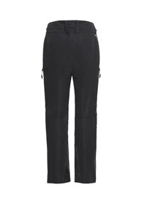 Zwarte outdoorbroek met een gladde textuur, voorzien van een aansluitende tailleband en zijritsen voor ventilatie. Ontworpen voor comfort en beweeglijkheid.