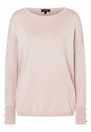 Pull rose clair à manches longues avec col rond, poignets côtelés et petits boutons décoratifs sur les poignets, taille 36.