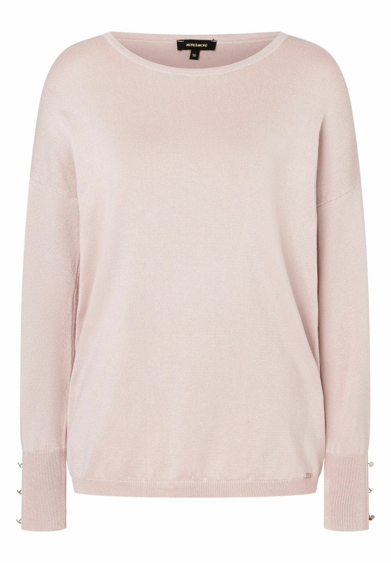 Pull rose clair à manches longues avec col rond, poignets côtelés et petits boutons décoratifs sur les poignets, taille 36.