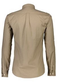 Cămașă cu mâneci lungi, material bej, design cu guler, spate drept, hem rotunjit, închidere cu butoane la mâneci, textură netedă.