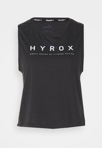 Top da allenamento senza maniche di colore grigio scuro con scollatura rotonda, caratterizzato da testo bianco e blu: "HYROX WORLD SERIES OF FITNESS RACING."