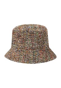 Wollen mengsel emmerhoed met een kleurrijk tweedpatroon met bruin, zwart, rood, groen en gele draden en een licht uitlopende rand.