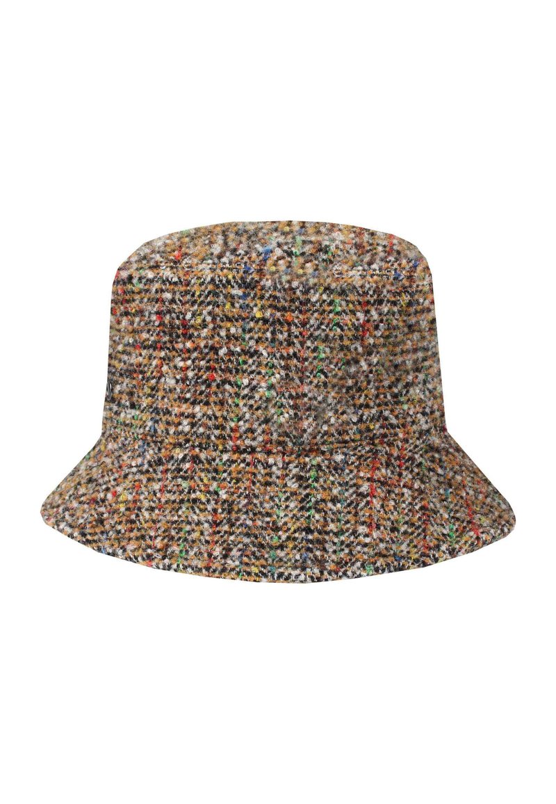 Wollen mengsel emmerhoed met een kleurrijk tweedpatroon met bruin, zwart, rood, groen en gele draden en een licht uitlopende rand.