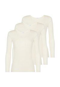 Tre magliette a maniche lunghe color crema realizzate in tessuto morbido. Presentano un colletto rotondo e una superficie liscia senza motivi o decorazioni.