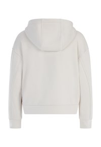 Lichtgrijze cropped hoodie met een voorzak, een trekkoordcapuchon en geribde manchetten. De stof lijkt zacht en glad met een lichte textuur.