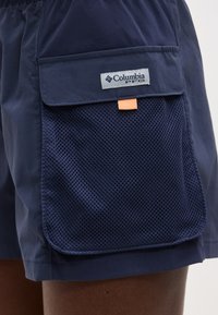 Σκούρο μπλε σορτς Columbia PFG με μεγάλη δίχτυ τσέπη και καπάκι που ασφαλίζει με ένα μικρό πορτοκαλί ταμπ, στην μηρό ενός ατόμου.